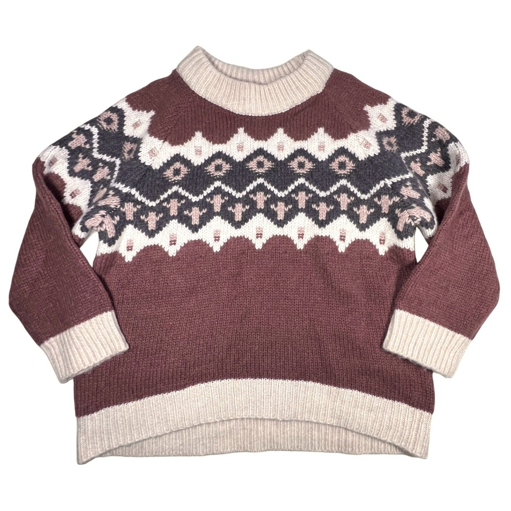 Aerie Sweater Women XL Burgundy Fair Isle Wool Blend Oversized Mock Neck Cozy